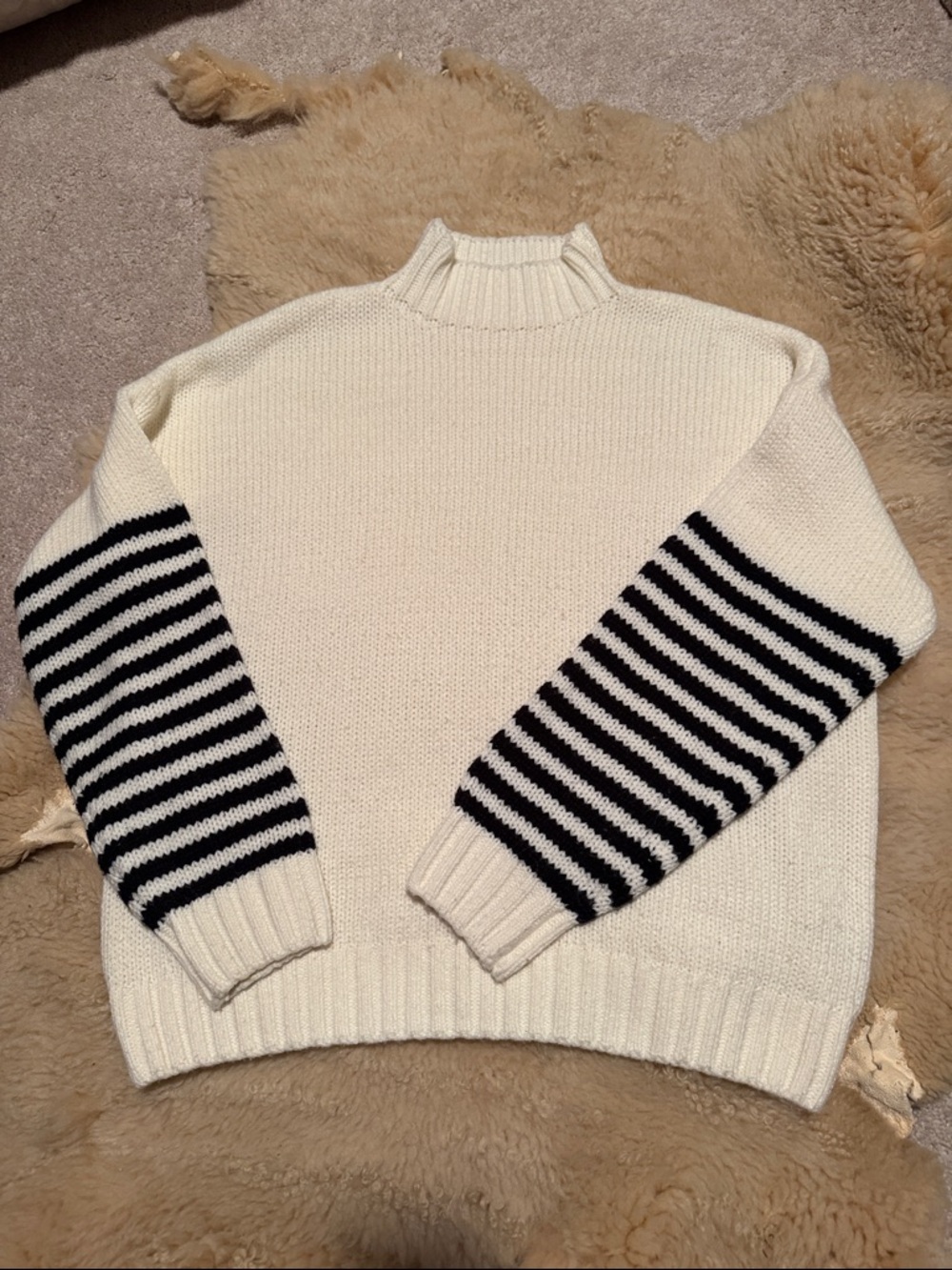 Cream Knit Sweater with Black Striped Sleeves